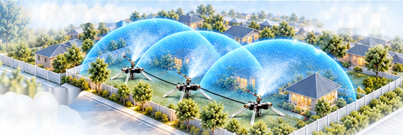 Perspective view: three FireBozz sprinklers across a residential lot, each producing a blue vapour dome over houses, trees and a fence.
