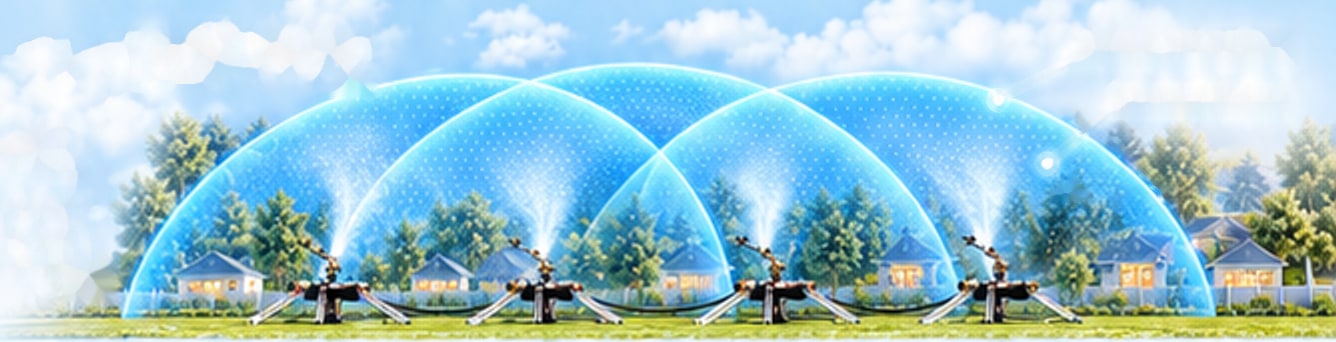 Side view: four FireBozz sprinklers in a row, each throwing a translucent blue dome of vapour; the domes overlap to cover the houses and trees behind them.