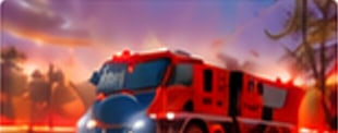 A red fire engine driving toward a glowing wildfire.